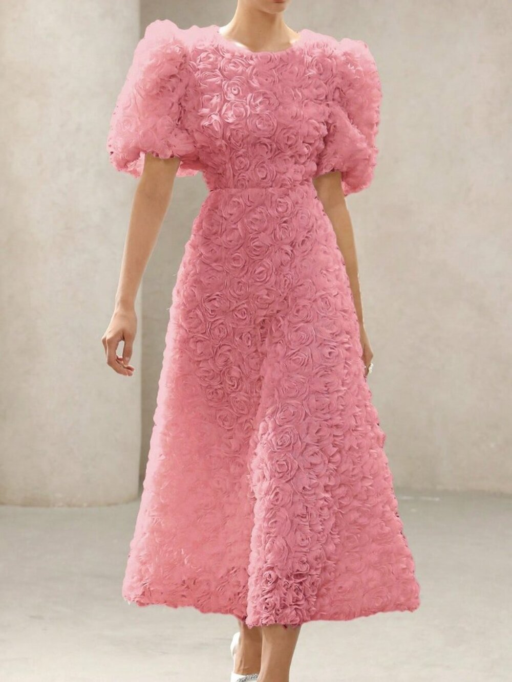 Pink Elegant Women's 3D Rose V-Neck Puff Sleeve Waist-Fitted Extra Long Dress - Picture 4 of 6